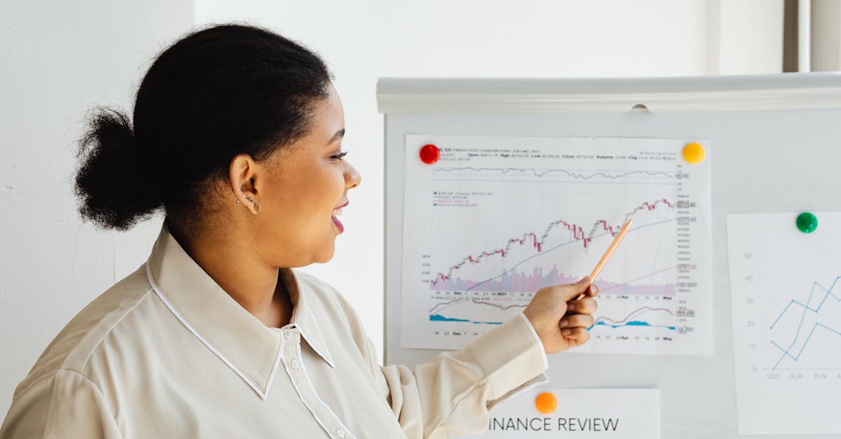 A woman points at a stock market chart on a whiteboard, explaining financial trends.